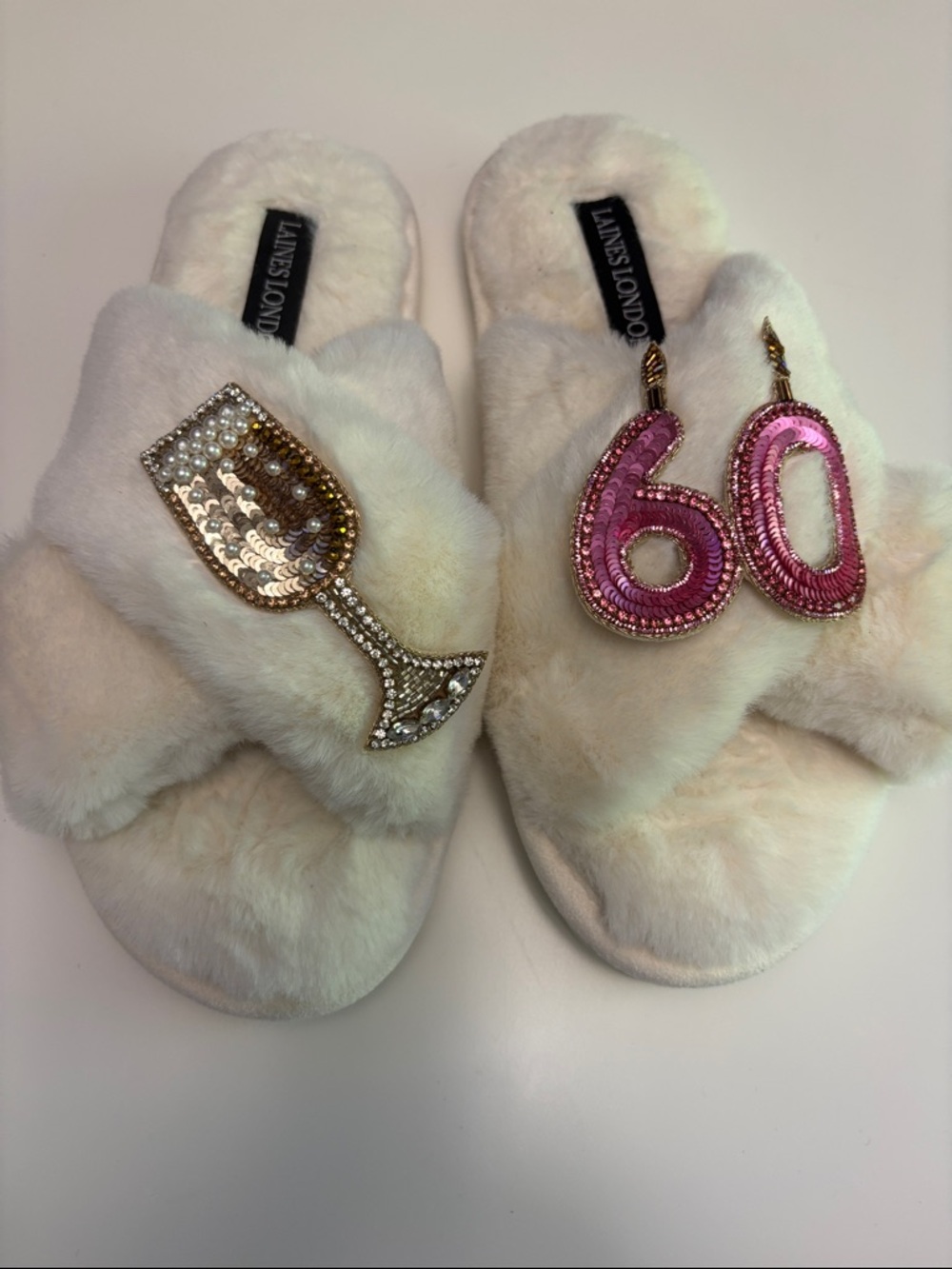 Women's Cream Furry Slide Slippers with Sequin Charm